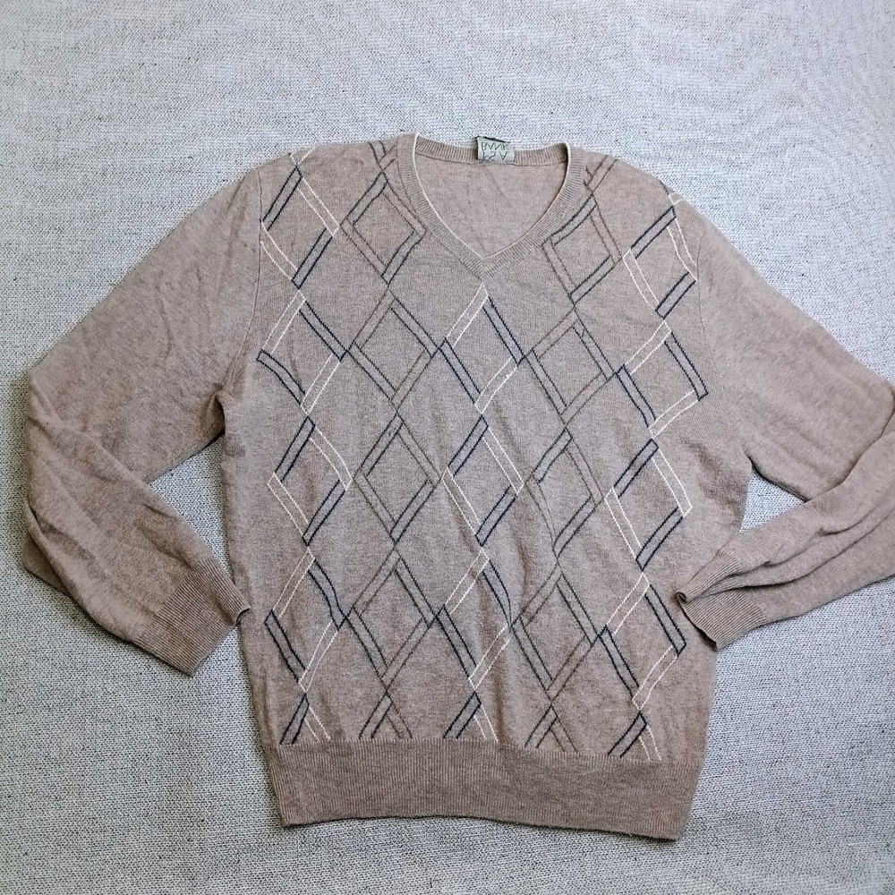 Jos. A. Bank Sweater Mens Large Tan Argyle V-Neck Lambswool Blend Executive